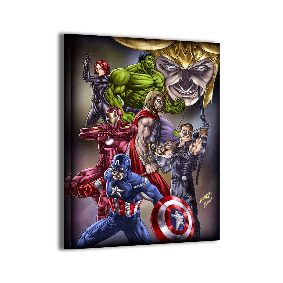 Earth's Mightiest Showdown Canvas Print — Avengers (Marvel), artwork by Geebo Vigonte; gallery-wrapped, ready to hang.