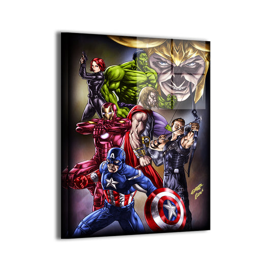 Earth's Mightiest Showdown Metal Print — Avengers (Marvel), artwork by Geebo Vigonte; modern sheen, ready to hang.