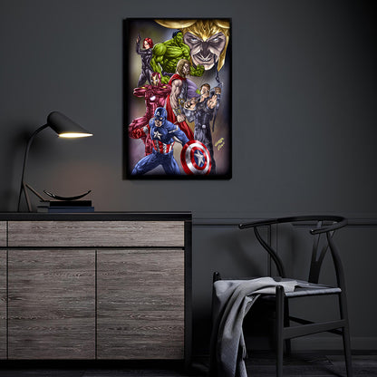 Earth's Mightiest Showdown Room Mockup — Avengers by Geebo Vigonte displayed in a modern room.