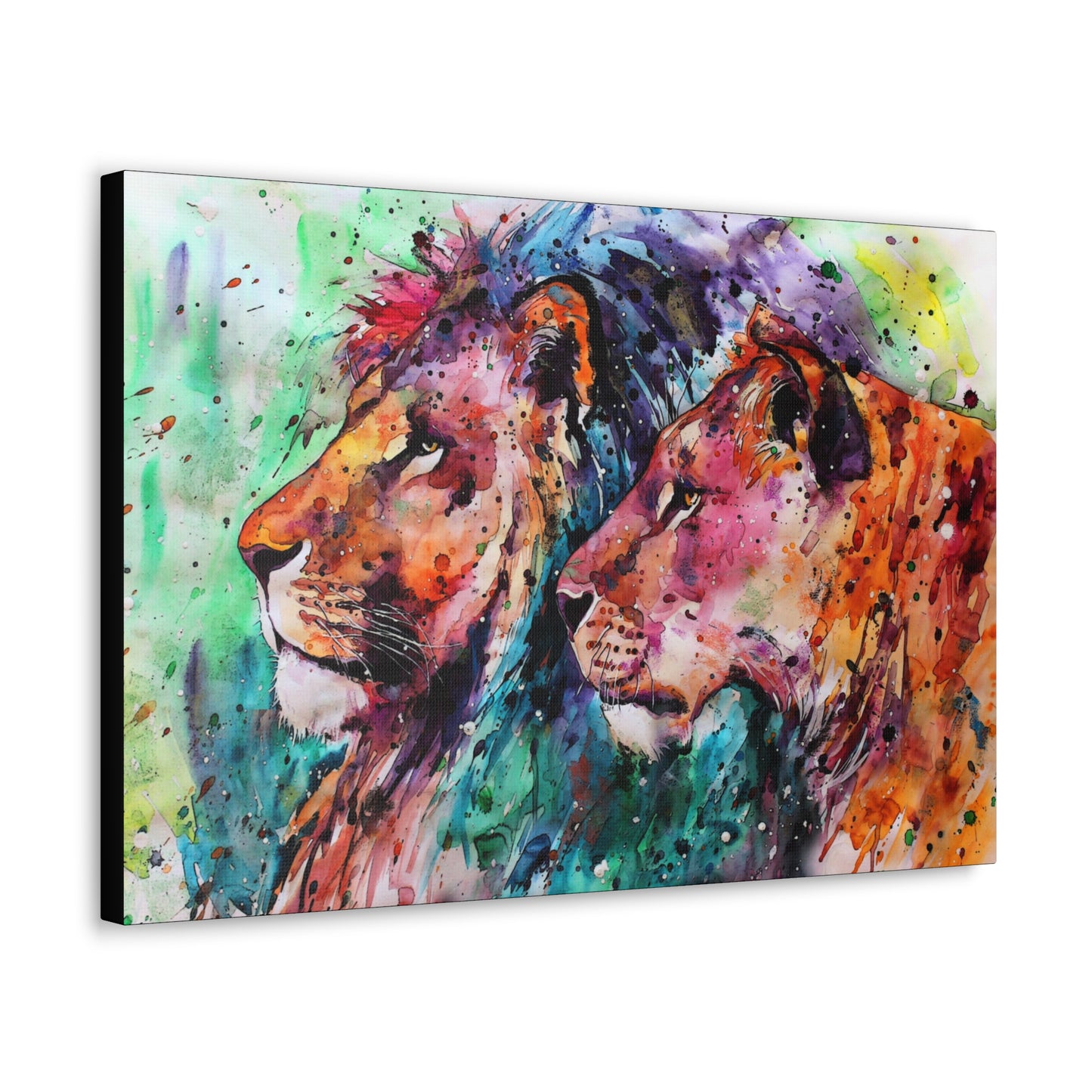 "Royal Bond – Vibrant Male & Female Lion Wall Art on canvas, acrylic, and metal – front view featuring a beautifully colored lion and lioness."
