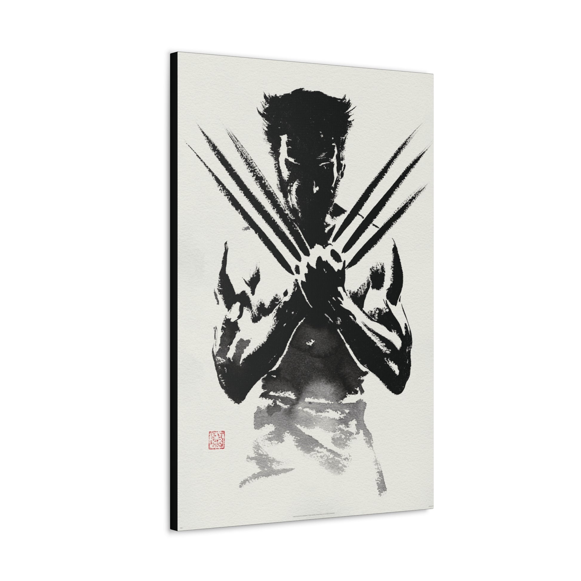 "Samurai Spirit – Black & White Japanese Watercolor Wolverine Wall Art on canvas, acrylic, and metal – front view featuring Wolverine in an ink-wash samurai stance."
