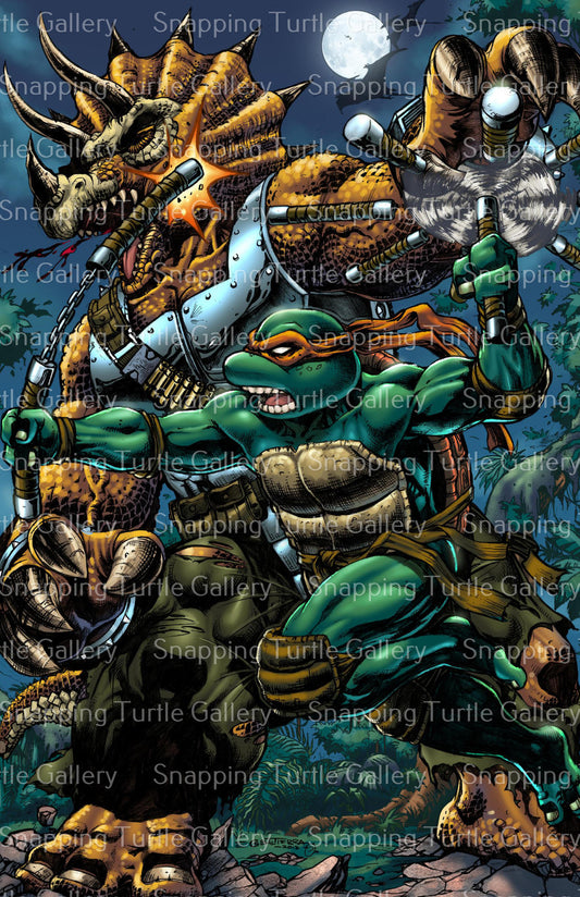 Shell Shock Clash Wall Art Poster Print – Michelangelo vs. Triceraton by Emil Cabaltierra