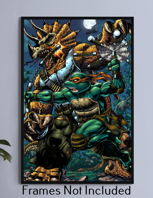 Shell Shock Clash Wall Art Poster Print – Michelangelo vs. Triceraton by Emil Cabaltierra