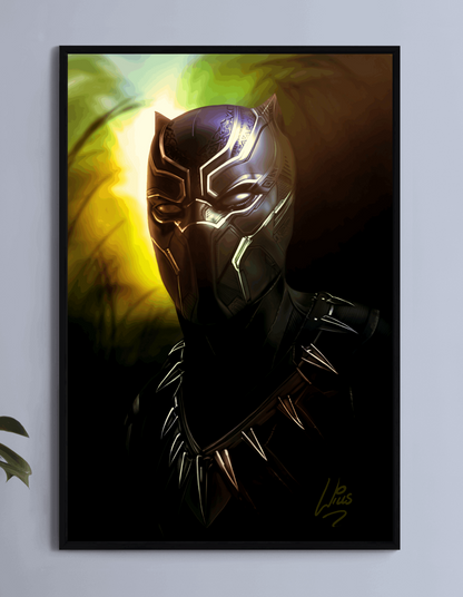 "Wakandan Legacy – Black Panther Wall Art on canvas, acrylic, and metal – Black Panther in a bold, regal pose in full vibranium armor."

