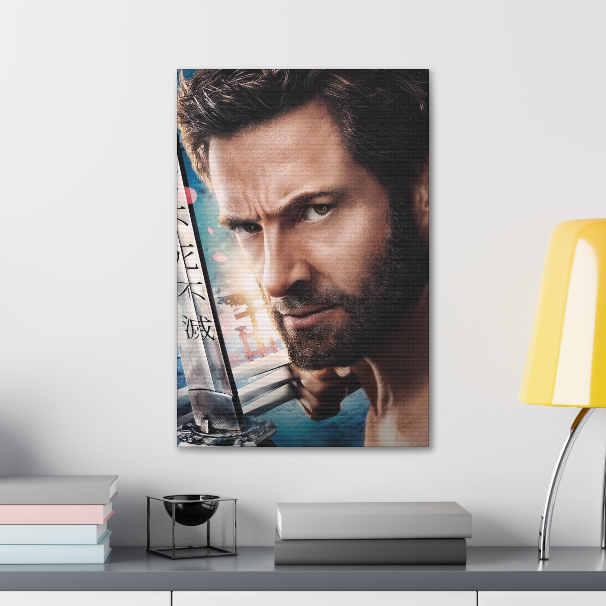 "The Wolverine – Hugh Jackman with Claw Out Wall Art on canvas, acrylic, and metal – front view featuring Hugh Jackman as Wolverine with one claw extended."
