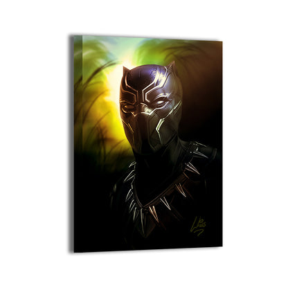 "Wakandan Legacy – Black Panther Wall Art on canvas, acrylic, and metal – Black Panther in a bold, regal pose in full vibranium armor."

