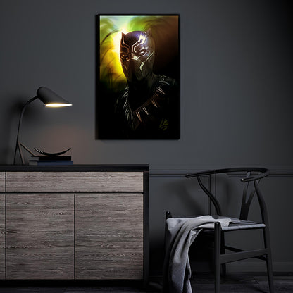 "Wakandan Legacy – Black Panther Wall Art on canvas, acrylic, and metal – Black Panther in a bold, regal pose in full vibranium armor."

