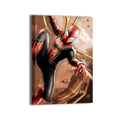 "Iron Instinct – Iron Spider-Man Wall Art on canvas, acrylic, and metal – Iron Spider suit from Avengers in an action-ready pose."

