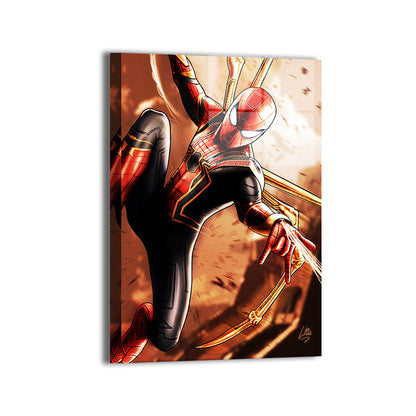 "Iron Instinct – Iron Spider-Man Wall Art on canvas, acrylic, and metal – Iron Spider suit from Avengers in an action-ready pose."

