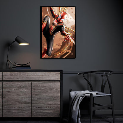 "Iron Instinct – Iron Spider-Man Wall Art on canvas, acrylic, and metal – Iron Spider suit from Avengers in an action-ready pose."

