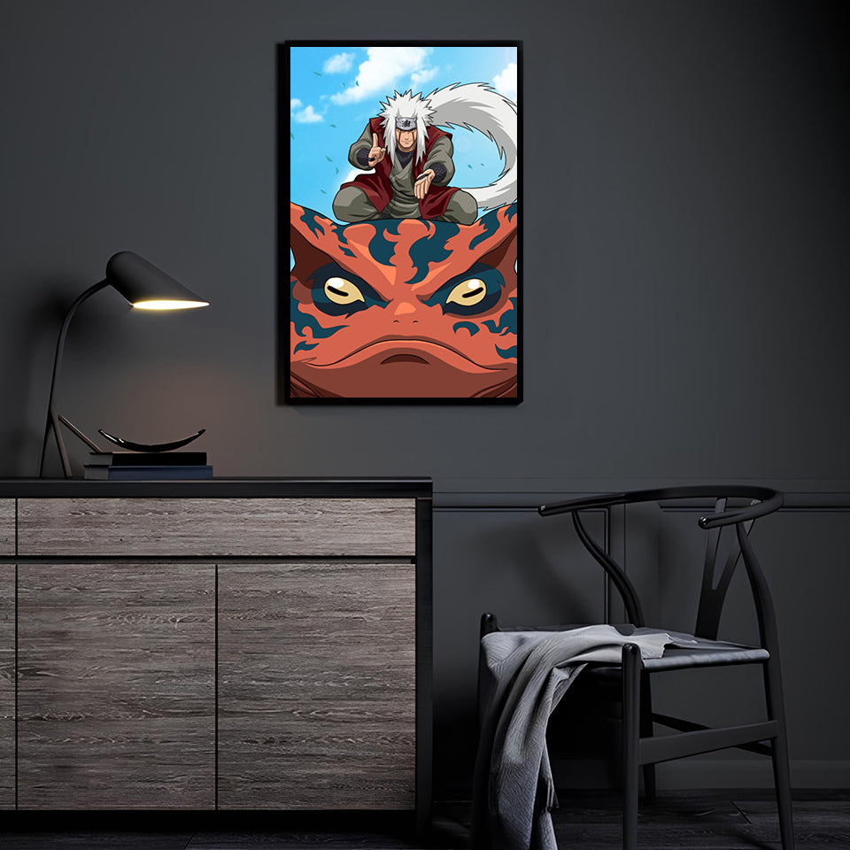 Jiraiya-inspired toad sage kneeling atop a giant summon under clear sky; artwork by Ryan Pasibe.