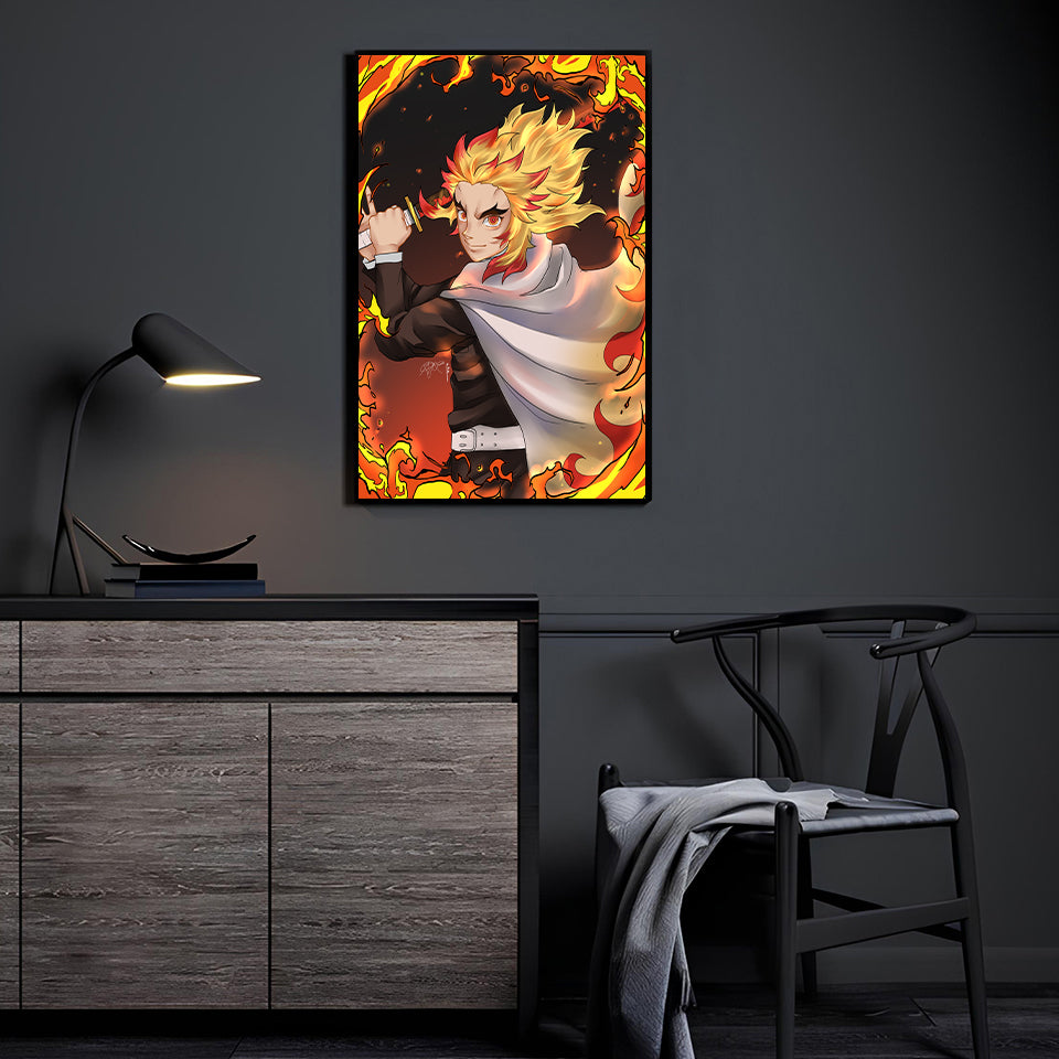 Flame Pillar Resolve Room Mockup — Rengoku Kyojuro by Emmanuel displayed in a modern room.