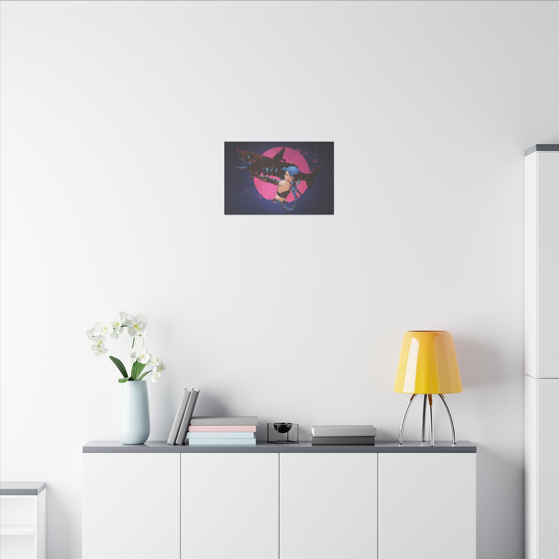 "Jinx from Arcane Wall Art on premium canvas, acrylic, and metal – front view featuring the edgy character Jinx"
