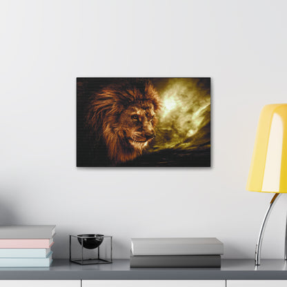 "Celestial King – Lion with Cloudscape Wall Art on canvas, acrylic, and metal – front view featuring a majestic lion against a dramatic sky."
