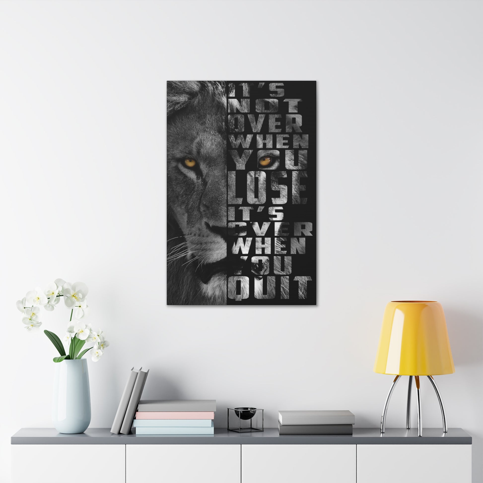 "It’s Not Over – Motivational Lion Wall Art on canvas, acrylic, and metal – front view featuring bold lion and inspiring quote"
