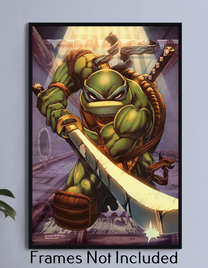 "Katana Code – Leonardo Wall Art on canvas, acrylic, and metal – Leonardo in blue mask with twin katanas in ninja stance."

