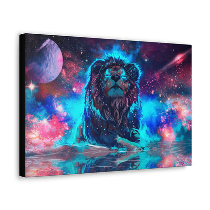 "Cosmic King – Multicolor Lion Over Galaxy Wall Art on canvas, acrylic, and metal – front view featuring a vibrant lion portrait against a deep-space galaxy."
