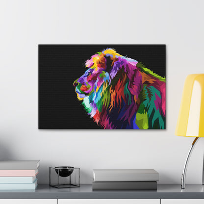 "Prismatic King – Multicolored Lion Wall Art on canvas, acrylic, and metal – front view featuring a vibrant and abstract lion portrait."
