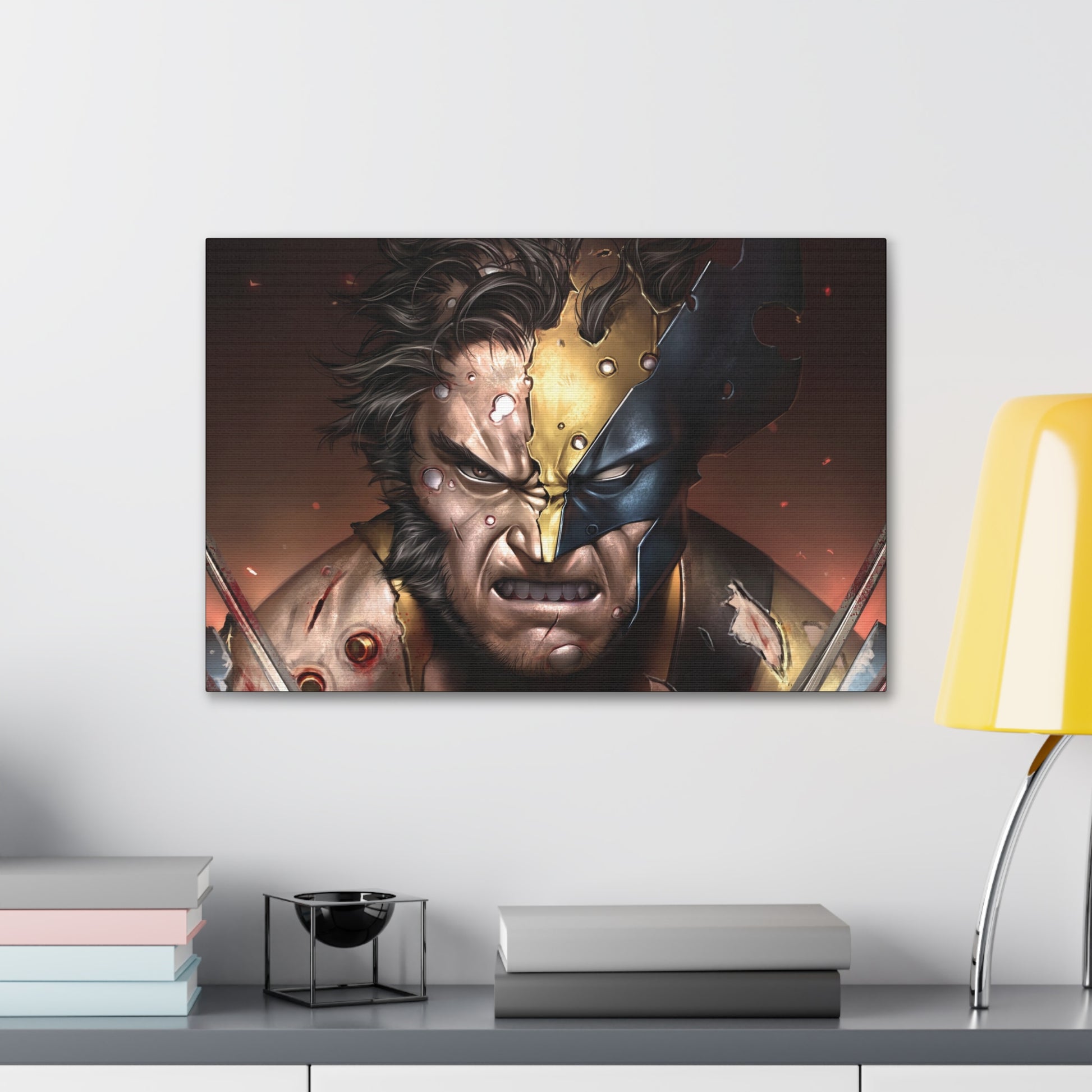 "Unbreakable Rage – Battle-Damaged Wolverine Wall Art on canvas, acrylic, and metal – front view featuring Wolverine in a torn costume, claws extended in fury."
