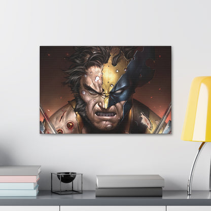 "Unbreakable Rage – Battle-Damaged Wolverine Wall Art on canvas, acrylic, and metal – front view featuring Wolverine in a torn costume, claws extended in fury."
