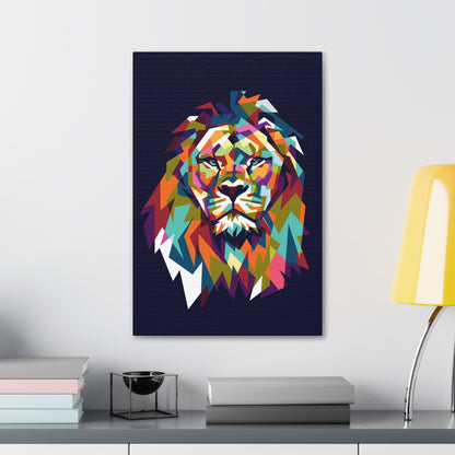 "Mosaic Lion Wall Art on canvas, acrylic, and metal – front view of geometric lion design"
