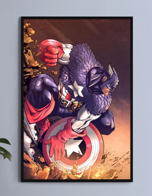 "Shield of Valor – Epic Captain America Wall Art on canvas, acrylic, and metal – front view featuring Captain America in a heroic stance with shield raised."

