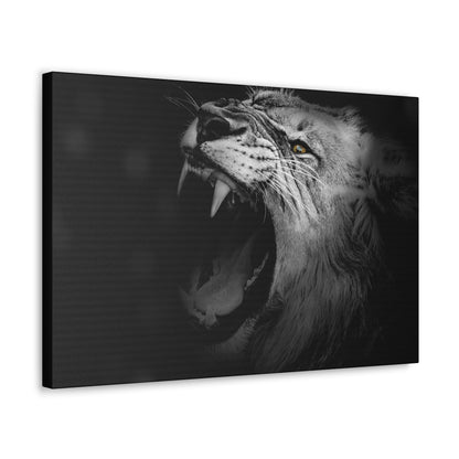 Roaring Legacy – Black and White Lion Wall Art on canvas, acrylic, and metal – front view featuring a fierce lion mid-roar in dramatic monochrome contrast.