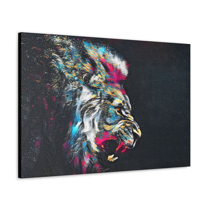 "Fury of the Wild – Colorful Snarling Lion Wall Art on canvas, acrylic, and metal – front view featuring a fierce, neon-colored lion baring its teeth."
