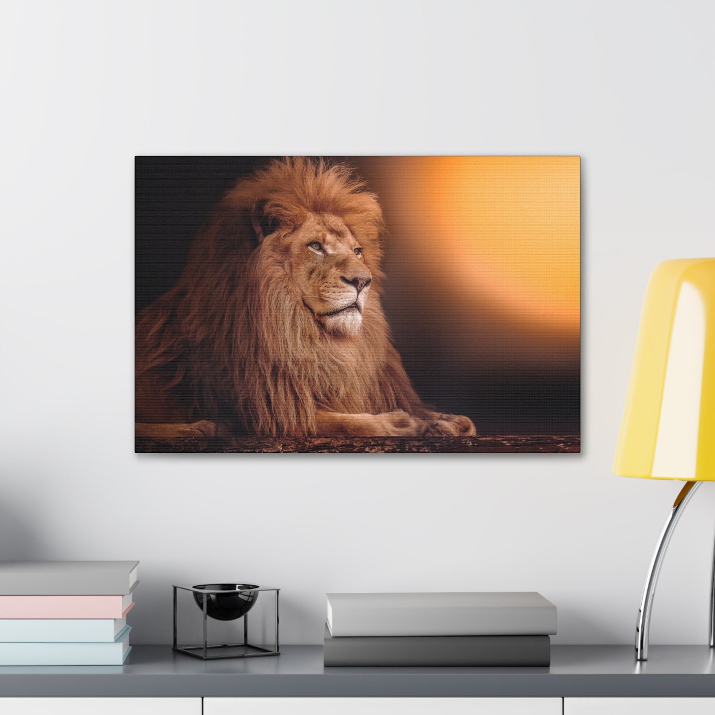 "Golden Majesty – Lion Resting with Sunlit Background Wall Art on canvas, acrylic, and metal – front view featuring a powerful lion against a glowing sun."
