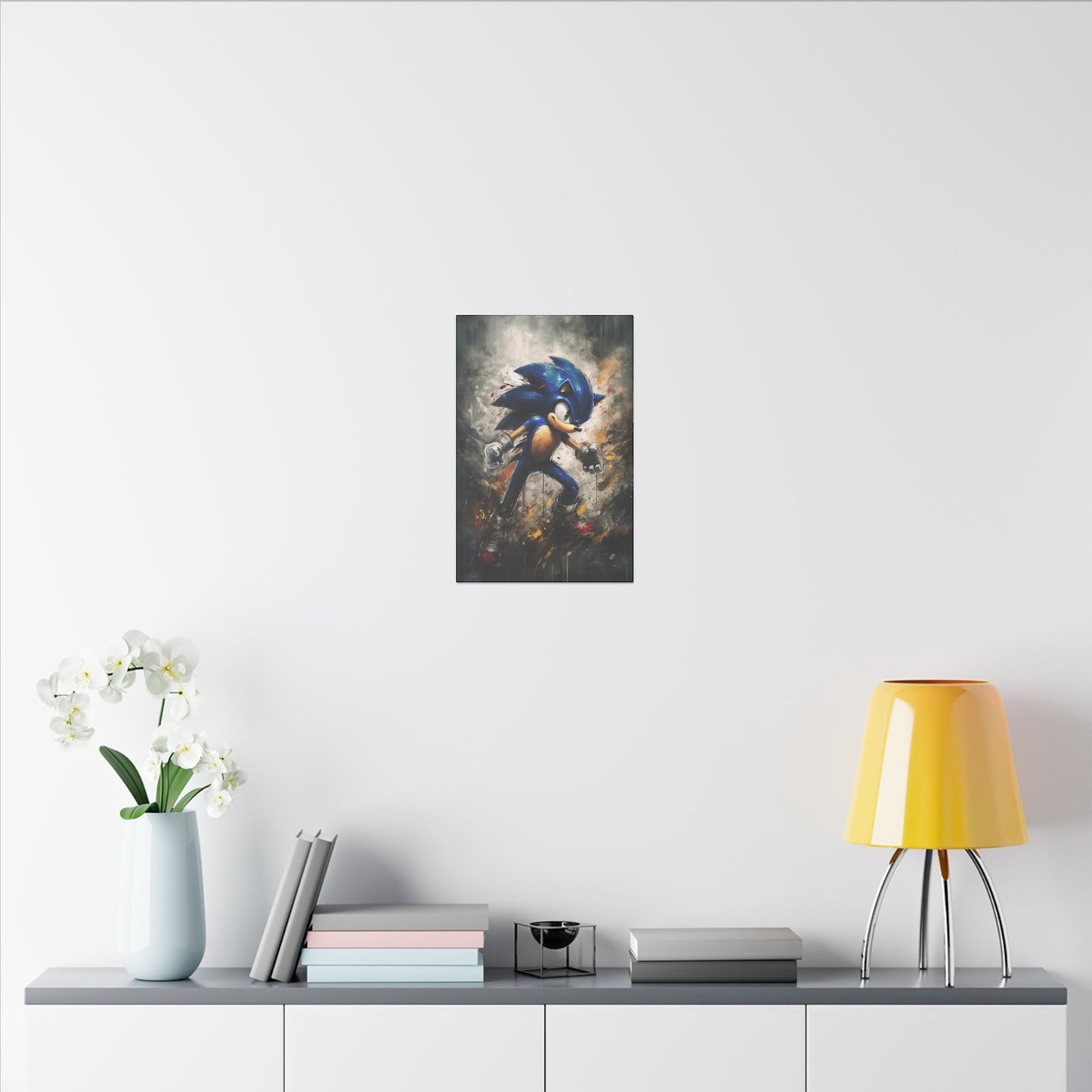"Sonic the Hedgehog Watercolor Wall Art on premium canvas, acrylic, and metal – front view featuring iconic Sonic in vibrant watercolor design"

