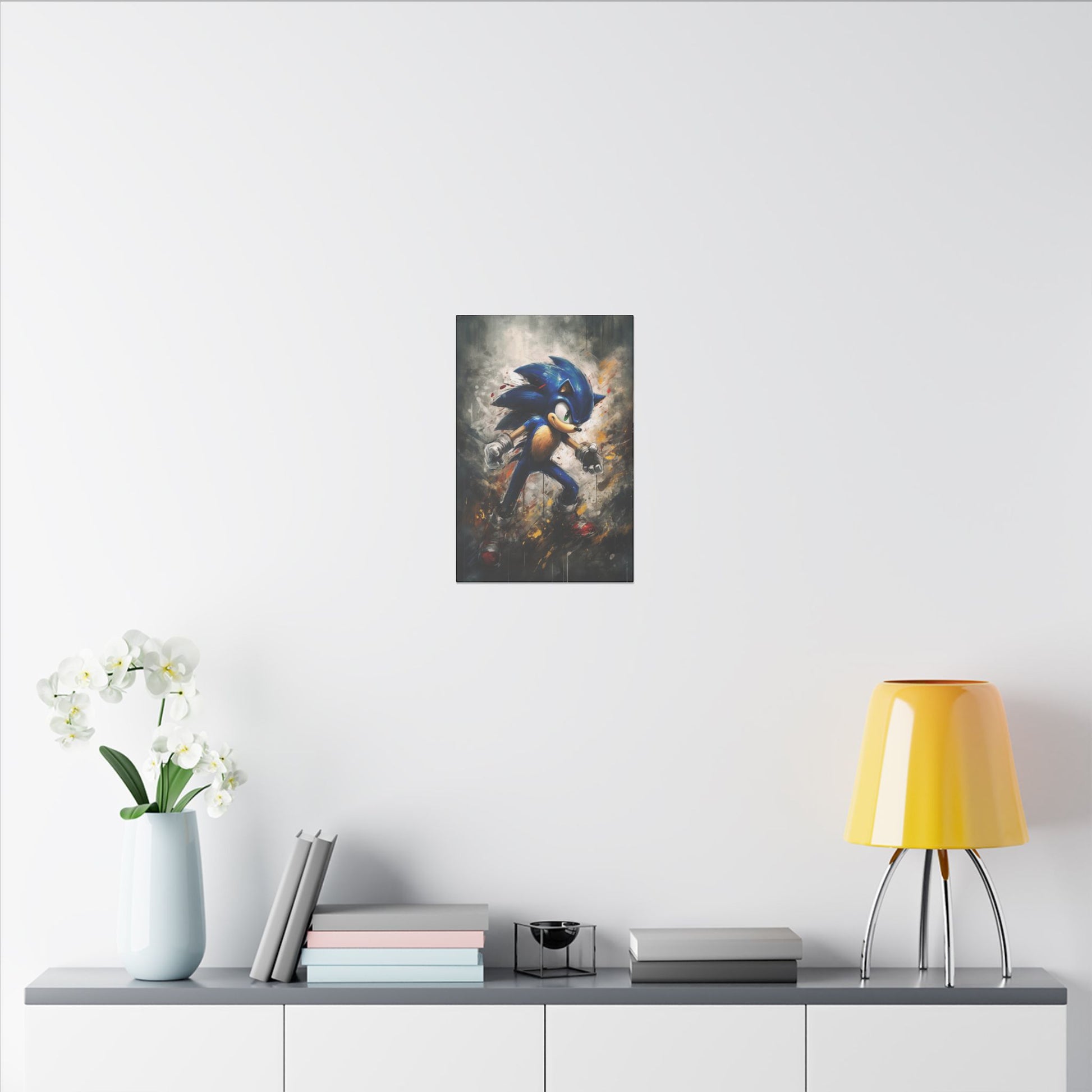 "Sonic the Hedgehog Watercolor Wall Art on premium canvas, acrylic, and metal – front view featuring iconic Sonic in vibrant watercolor design"

