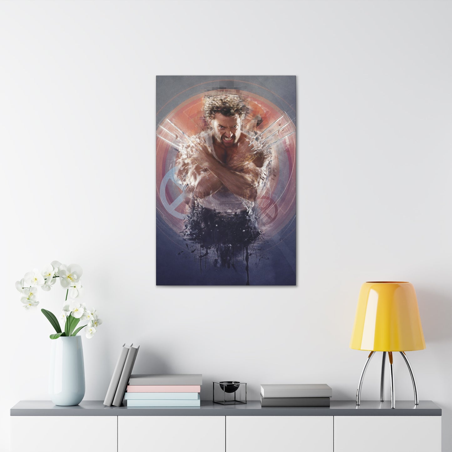 "Berserker Leap – Wolverine Iconic Jump Charge Wall Art on canvas, acrylic, and metal – front view featuring Wolverine mid-air with claws extended."
