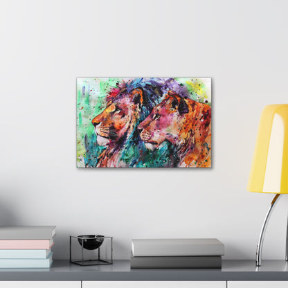 "Royal Bond – Vibrant Male & Female Lion Wall Art on canvas, acrylic, and metal – front view featuring a beautifully colored lion and lioness."

