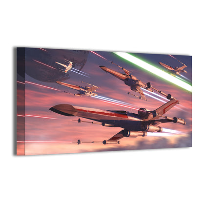 "Red Leader Rising – X-Wing Squadron Wall Art on canvas, acrylic, and metal – X-Wings flying in formation across space."


