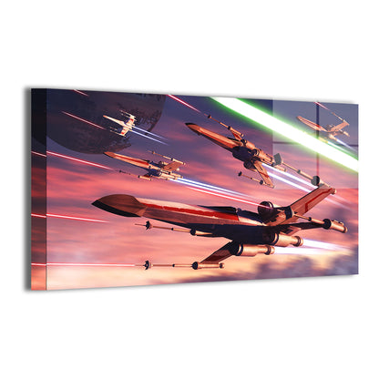 "Red Leader Rising – X-Wing Squadron Wall Art on canvas, acrylic, and metal – X-Wings flying in formation across space."

