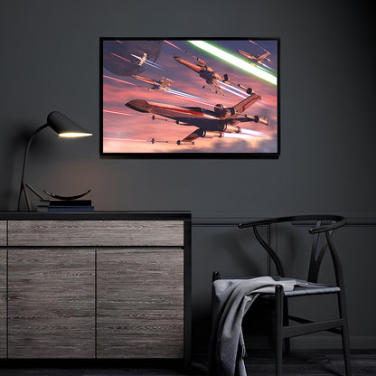 "Red Leader Rising – X-Wing Squadron Wall Art on canvas, acrylic, and metal – X-Wings flying in formation across space."

