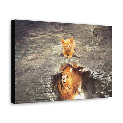 Dream Big – Kitten with Lion Reflection Wall Art on canvas, acrylic, and metal – front view featuring a kitten looking at its reflection, which appears as a lion.