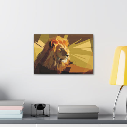 "Geometric Majesty – Yellow Abstract Lion Wall Art on canvas, acrylic, and metal – front view featuring a bold geometric lion design."
