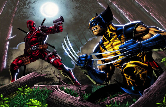 "Regenerations Collide – Deadpool vs Wolverine Wall Art on canvas, acrylic, and metal – Wolverine and Deadpool battling mid-air with claws and swords."

