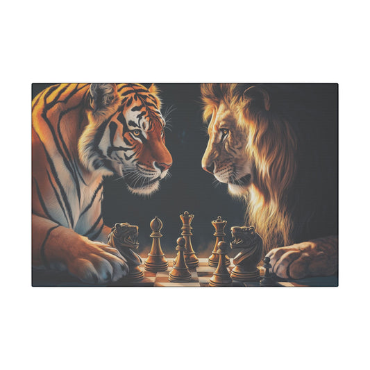 "Lion & Tiger Playing Chess Wall Art on canvas, acrylic, and metal – front view of symbolic wildlife strategy"