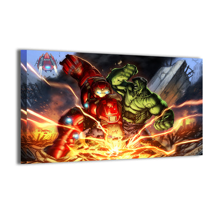 Canvas print of Hulkbuster vs Hulk battle with glowing impact effects, 12x18 Marvel wall decor