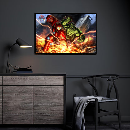 Hulk and Iron Man in Hulkbuster suit collide in a fiery cityscape battle, 11x17 wall print