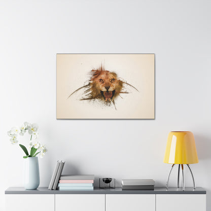 "Shadow King – Realistic Lion Behind Canvas Illusion Wall Art on canvas, acrylic, and metal – front view featuring a hyper-realistic lion pressing against the artwork."
