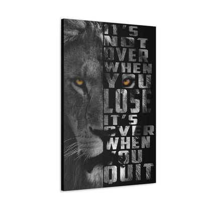 "It’s Not Over – Motivational Lion Wall Art on canvas, acrylic, and metal – front view featuring bold lion and inspiring quote"
