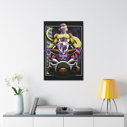 "Dual Power – Golden Freeza & Freeza in Throne Wall Art on canvas, acrylic, and metal – featuring both Freeza’s golden transformation and his classic form in his chair."
