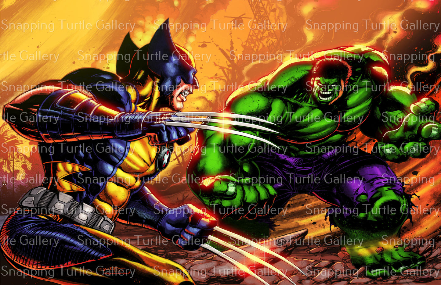 "Primal Collision – Wolverine vs Savage Hulk Wall Art on canvas, acrylic, and metal – Wolverine slashing at Hulk mid-roar in forest battle."



