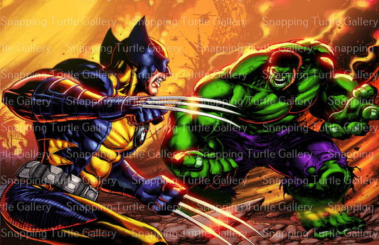 "Primal Collision – Wolverine vs Savage Hulk Wall Art on canvas, acrylic, and metal – Wolverine slashing at Hulk mid-roar in forest battle."


