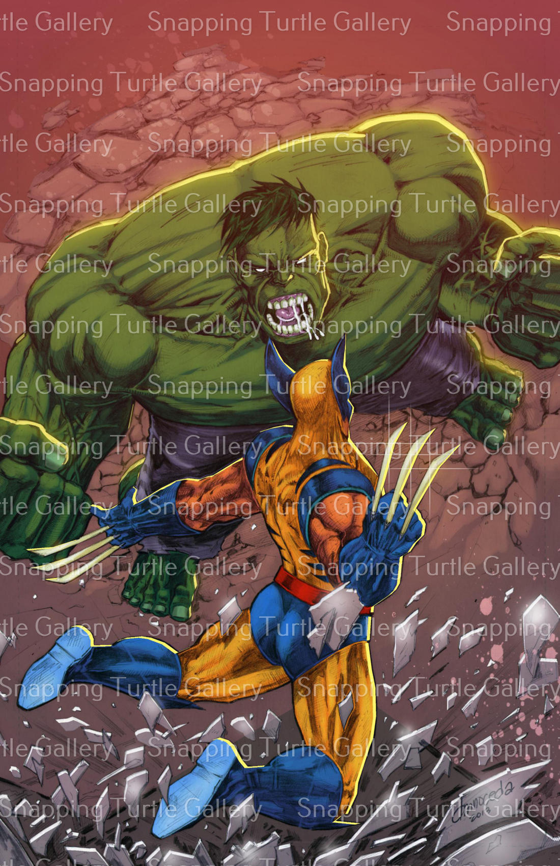 "Ultimate Rage – Wolverine vs Hulk Wall Art on canvas, acrylic, and metal – Ultimate Wolverine attacking Ultimate Hulk mid-battle."


