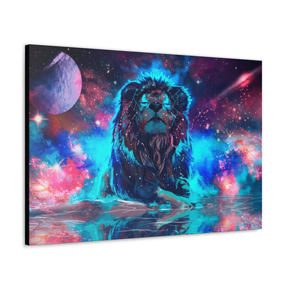 "Cosmic King – Multicolor Lion Over Galaxy Wall Art on canvas, acrylic, and metal – front view featuring a vibrant lion portrait against a deep-space galaxy."
