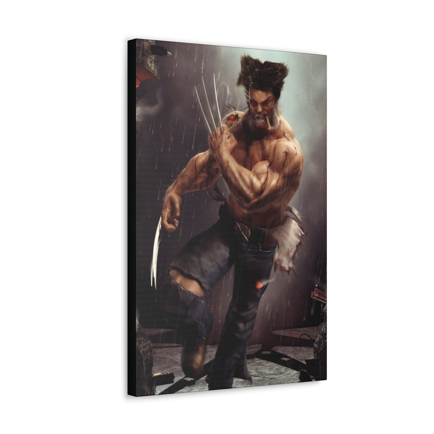 "Berserker Unchained – Wolverine Cutting Loose Wall Art on canvas, acrylic, and metal – front view featuring Wolverine mid-slash, claws extended in full rage."
